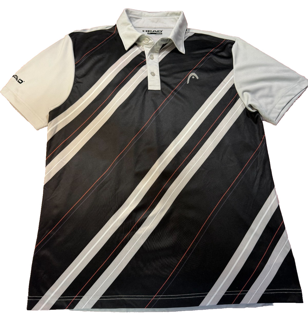HEAD Athletic Black/Gray Striped Performance Polo L Golf Tennis Athleisure Sport